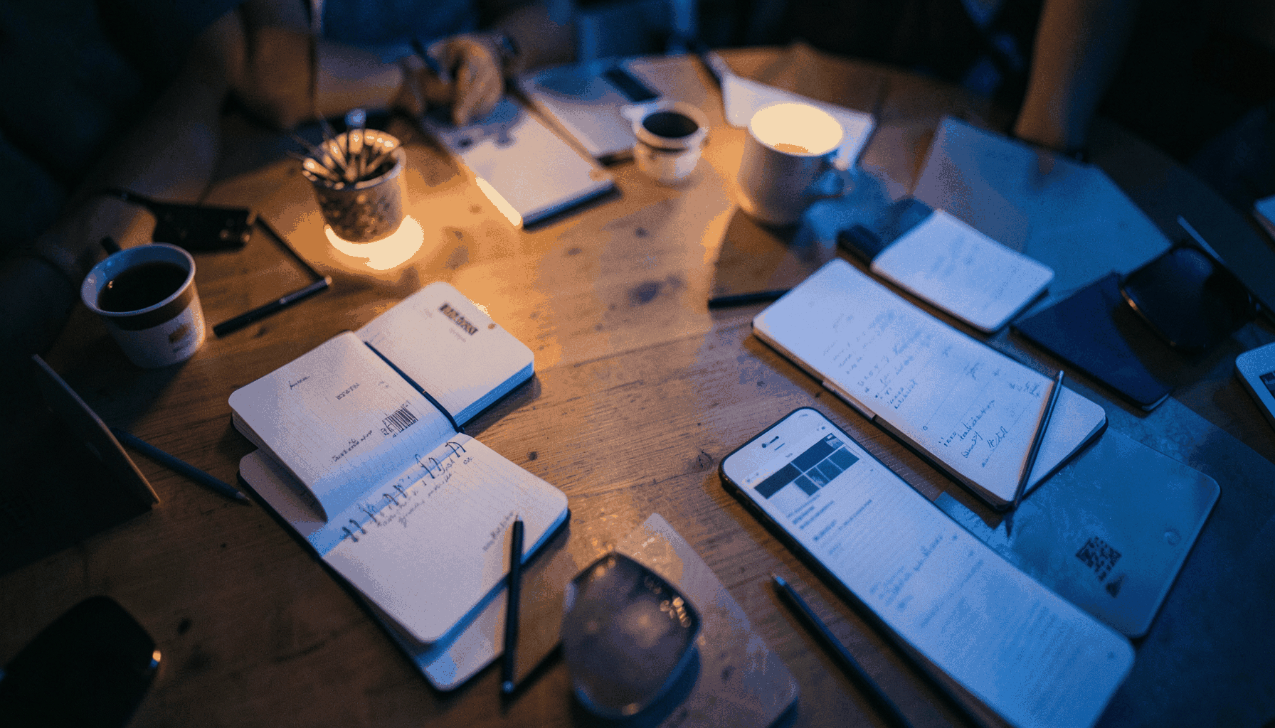 Warm overhead view of a collaborative workspace with soft amber and indigo lighting, scattered notebooks and devices on a wooden table, shallow depth of field
