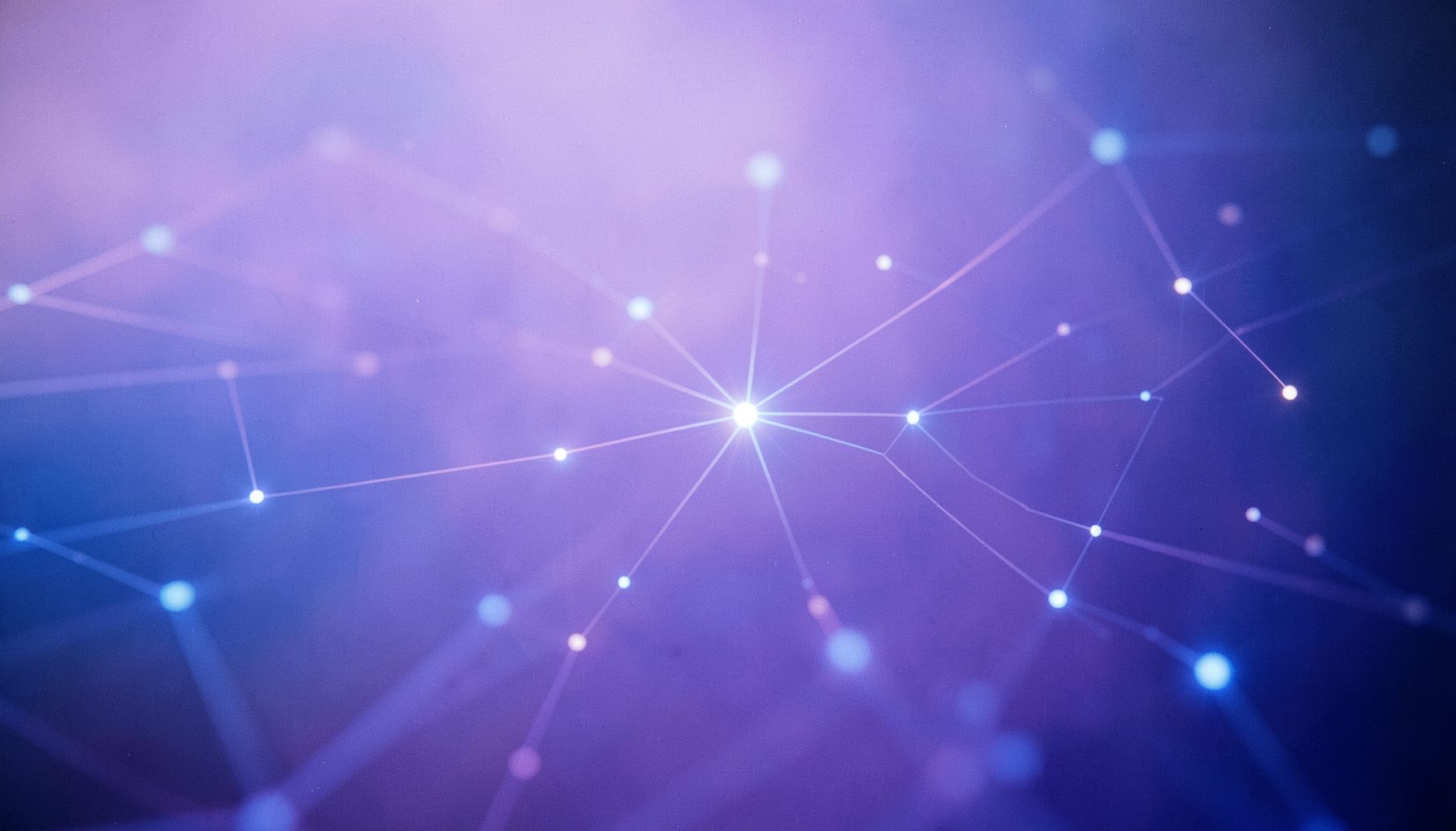 Abstract digital workspace with soft purple and indigo gradients, glowing nodes connected by thin lines, and a calm focused atmosphere