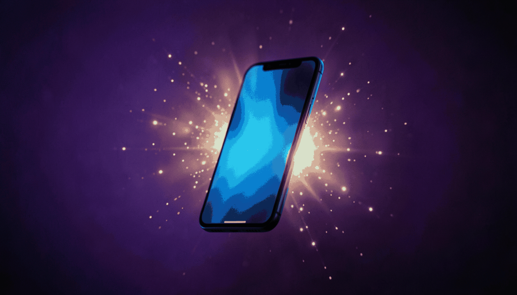 A glowing smartphone screen floating against a deep purple night gradient, with soft golden light particles radiating outward, moody and atmospheric
